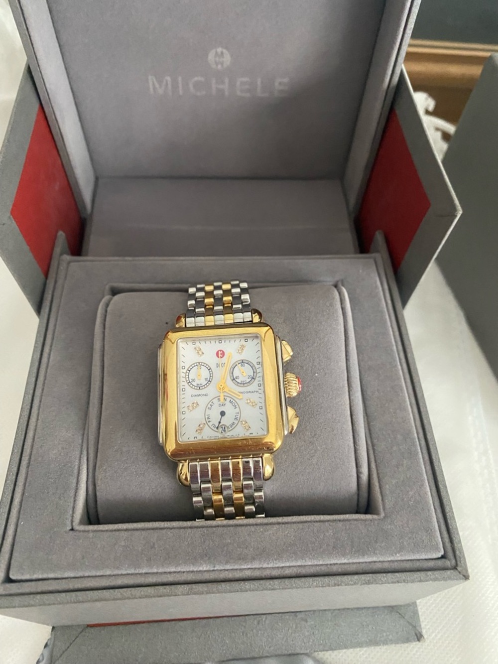 Michele Two-Tone Gold and Silver Rectangular Chronograph Watch